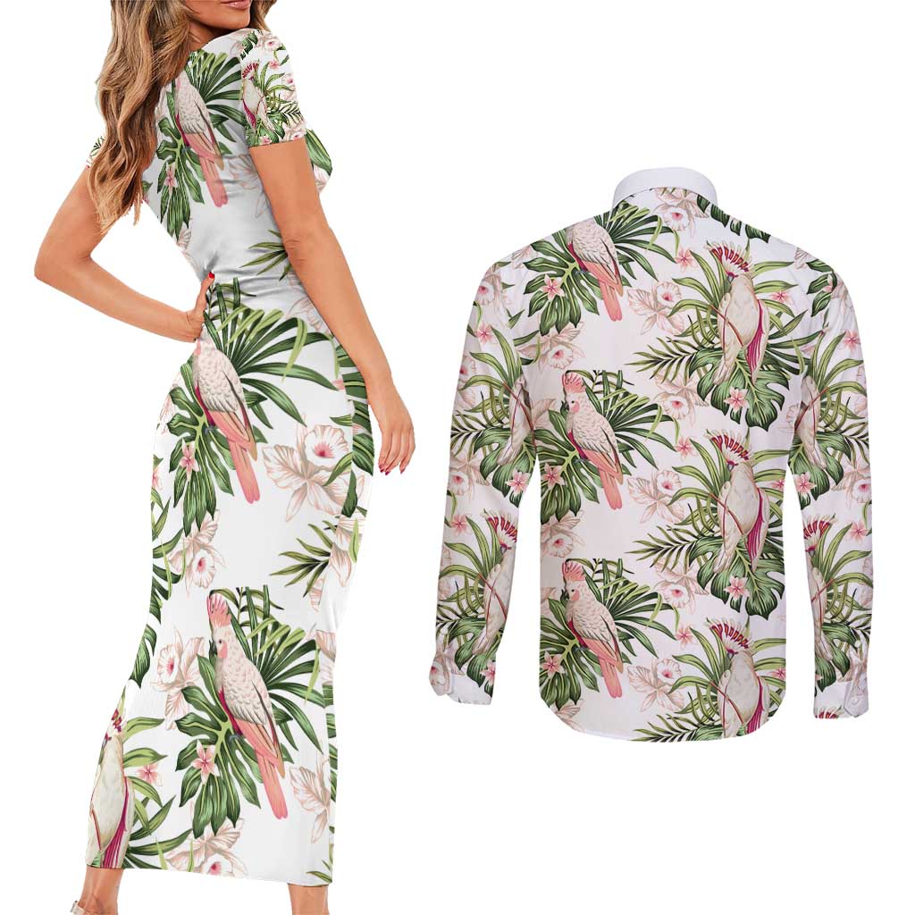 Australia Pink Cockatoo Couples Matching Short Sleeve Bodycon Dress and Long Sleeve Button Shirt Aussie Orchids - Seamless Pattern