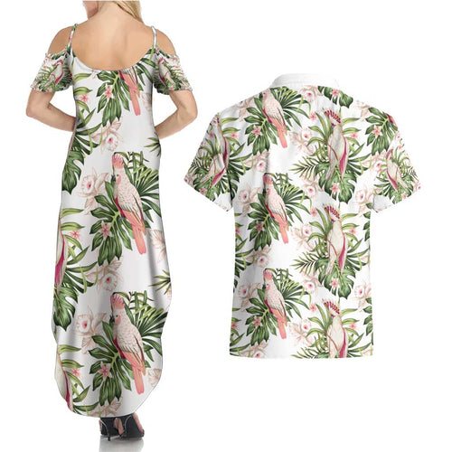 Australia Pink Cockatoo Couples Matching Summer Maxi Dress and Hawaiian Shirt Aussie Orchids - Seamless Pattern