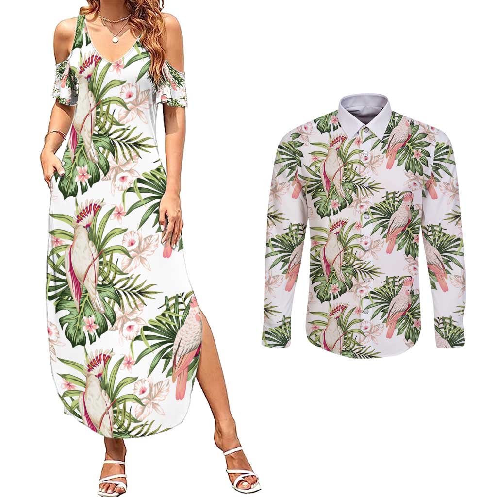 Australia Pink Cockatoo Couples Matching Summer Maxi Dress and Long Sleeve Button Shirt Aussie Orchids - Seamless Pattern