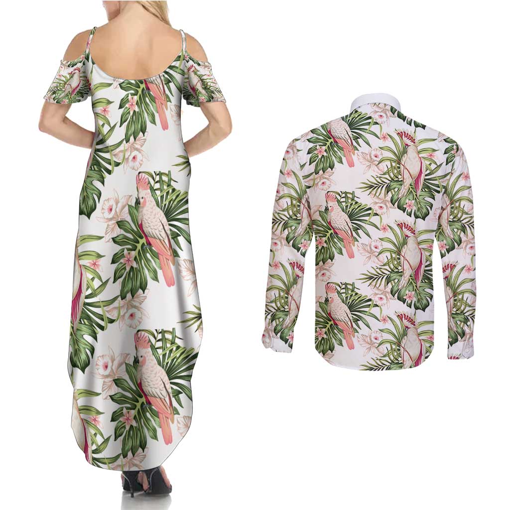 Australia Pink Cockatoo Couples Matching Summer Maxi Dress and Long Sleeve Button Shirt Aussie Orchids - Seamless Pattern