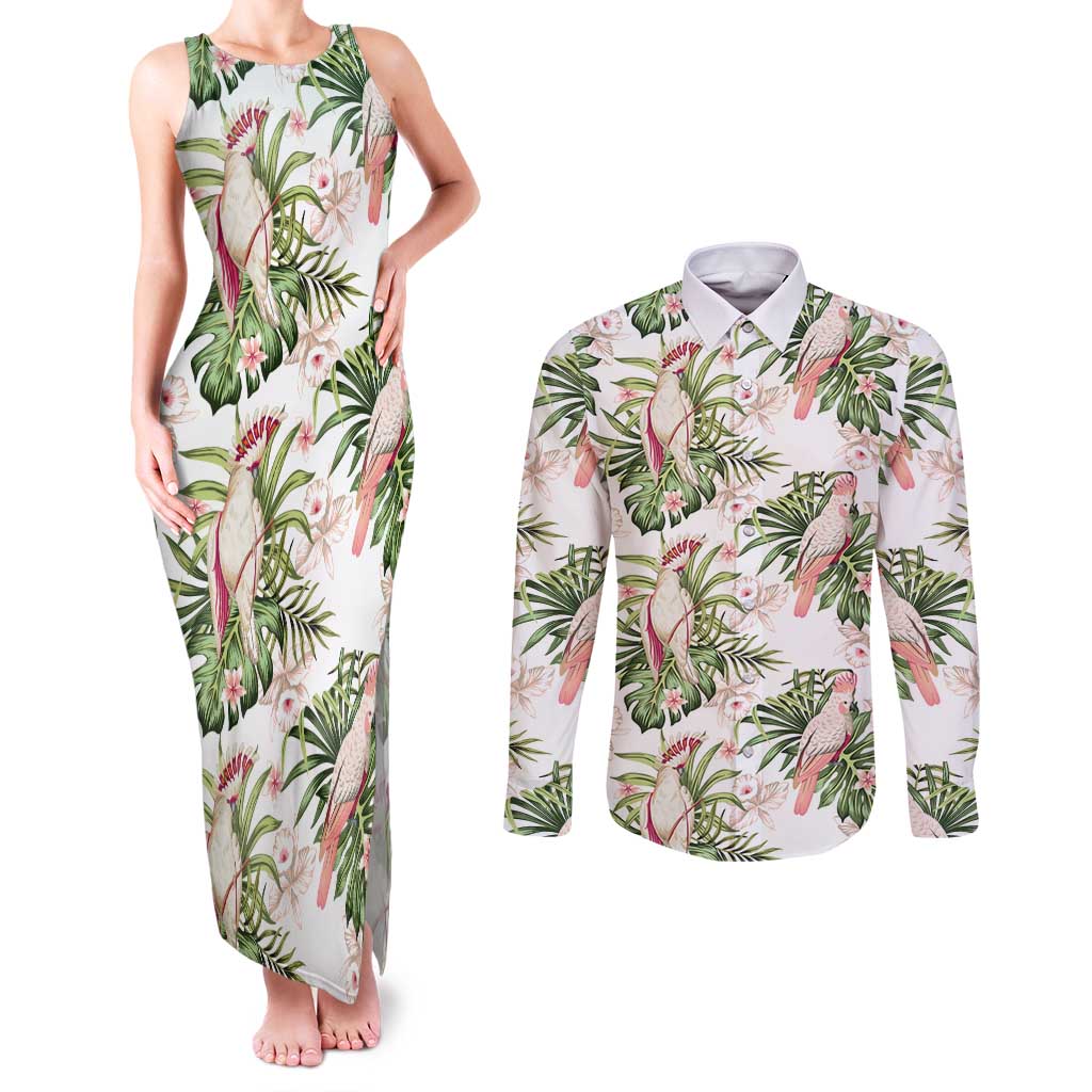 Australia Pink Cockatoo Couples Matching Tank Maxi Dress and Long Sleeve Button Shirt Aussie Orchids - Seamless Pattern
