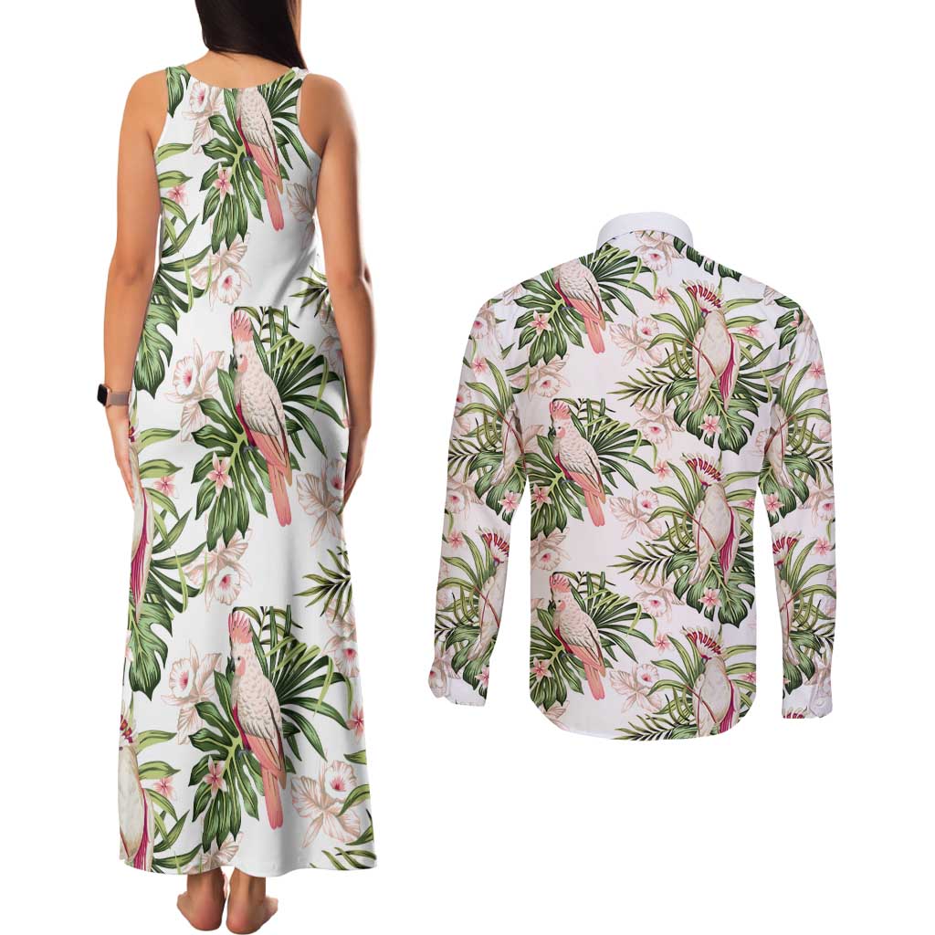 Australia Pink Cockatoo Couples Matching Tank Maxi Dress and Long Sleeve Button Shirt Aussie Orchids - Seamless Pattern