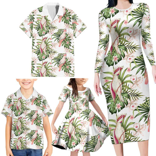 Australia Pink Cockatoo Family Matching Long Sleeve Bodycon Dress and Hawaiian Shirt Aussie Orchids - Seamless Pattern