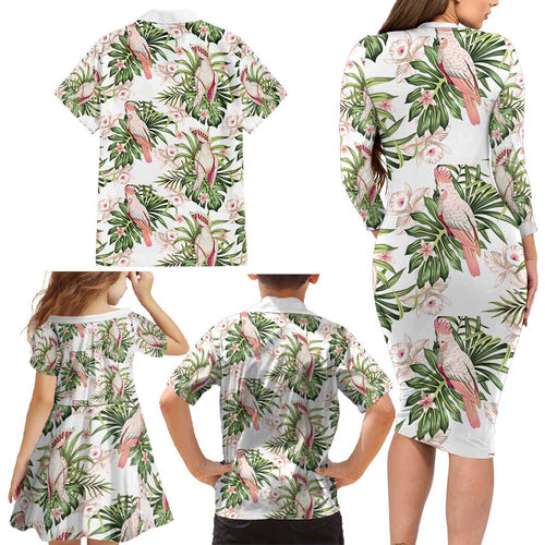 Australia Pink Cockatoo Family Matching Long Sleeve Bodycon Dress and Hawaiian Shirt Aussie Orchids - Seamless Pattern