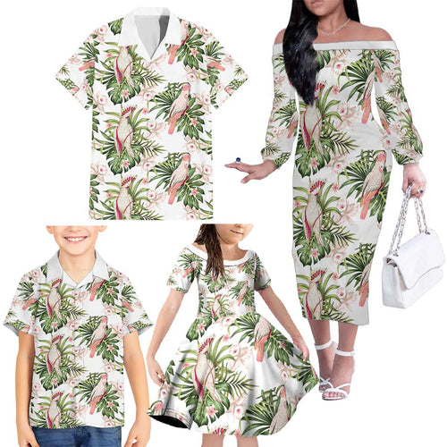 Australia Pink Cockatoo Family Matching Off The Shoulder Long Sleeve Dress and Hawaiian Shirt Aussie Orchids - Seamless Pattern