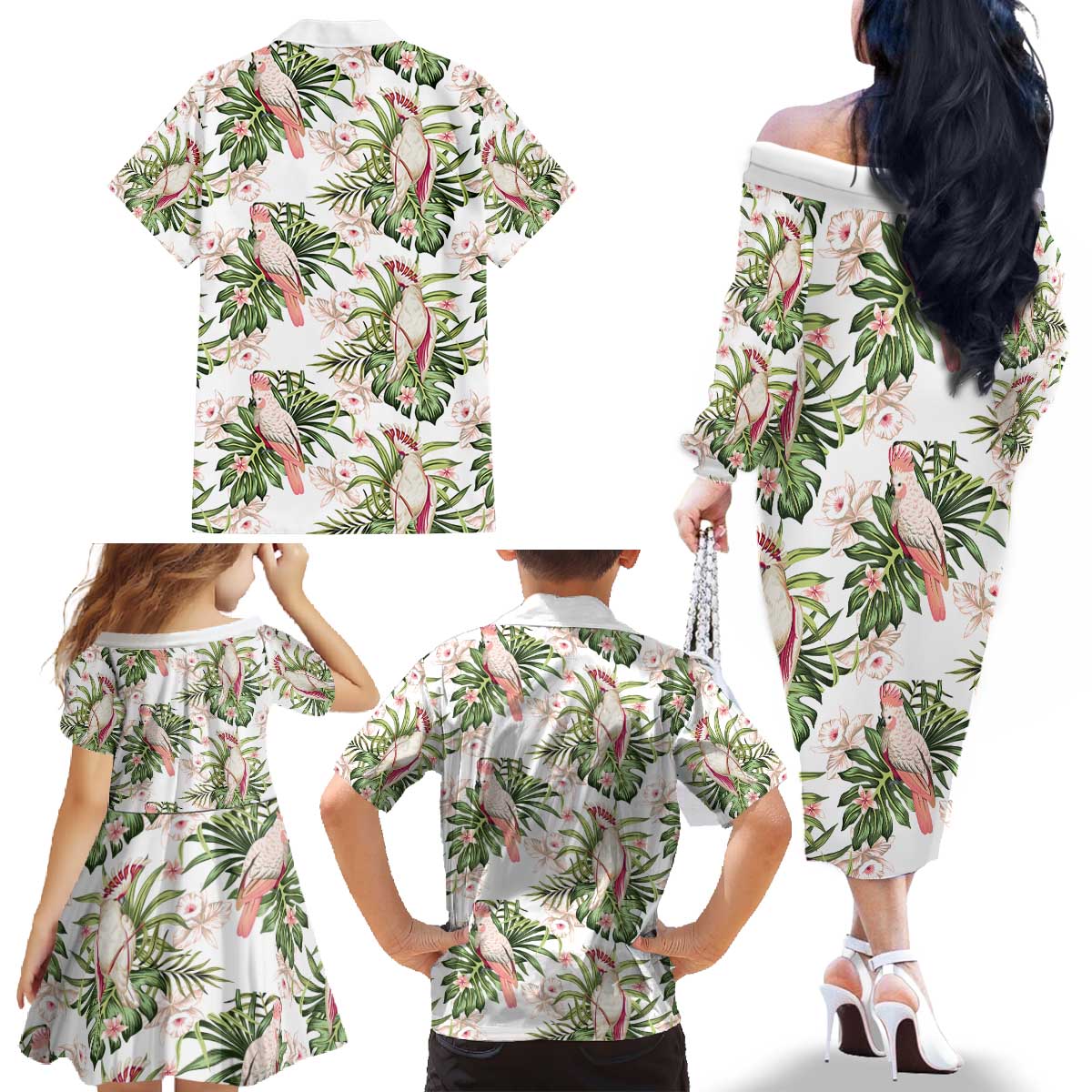 Australia Pink Cockatoo Family Matching Off The Shoulder Long Sleeve Dress and Hawaiian Shirt Aussie Orchids - Seamless Pattern