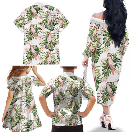 Australia Pink Cockatoo Family Matching Off The Shoulder Long Sleeve Dress and Hawaiian Shirt Aussie Orchids - Seamless Pattern