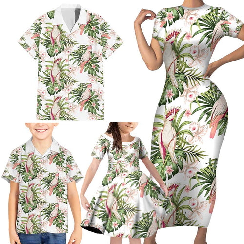 Australia Pink Cockatoo Family Matching Short Sleeve Bodycon Dress and Hawaiian Shirt Aussie Orchids - Seamless Pattern