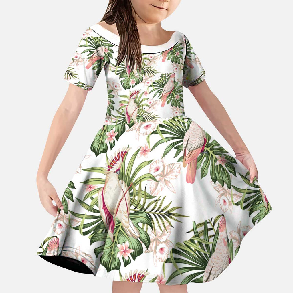Australia Pink Cockatoo Kid Short Sleeve Dress Aussie Orchids - Seamless Pattern