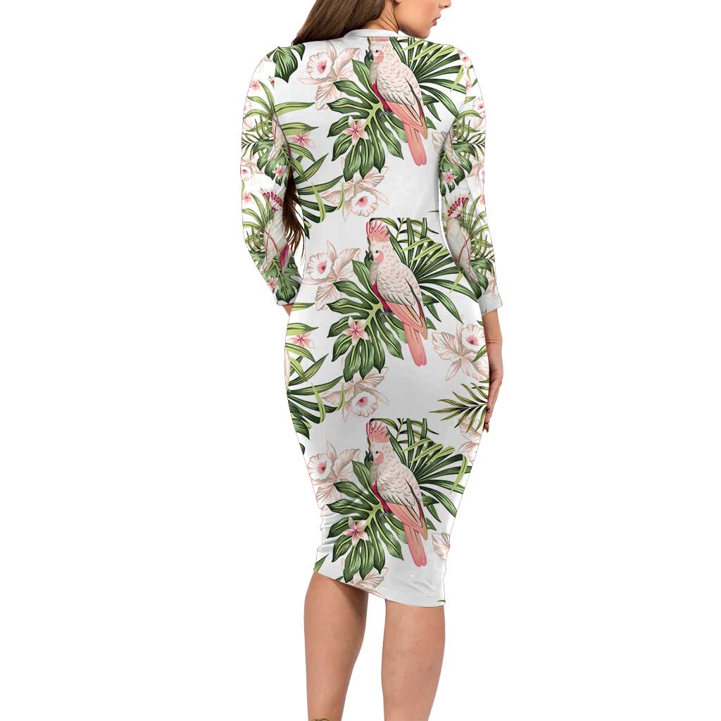 Australia Pink Cockatoo Long Sleeve Bodycon Dress Aussie Orchids - Seamless Pattern