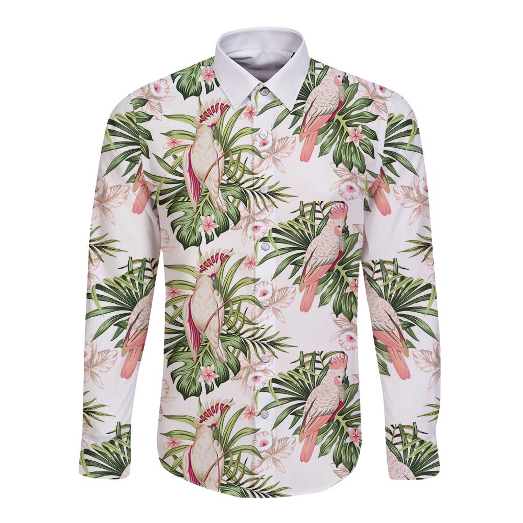 Australia Pink Cockatoo Long Sleeve Button Shirt Aussie Orchids - Seamless Pattern