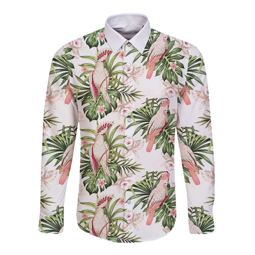 Australia Pink Cockatoo Long Sleeve Button Shirt Aussie Orchids - Seamless Pattern