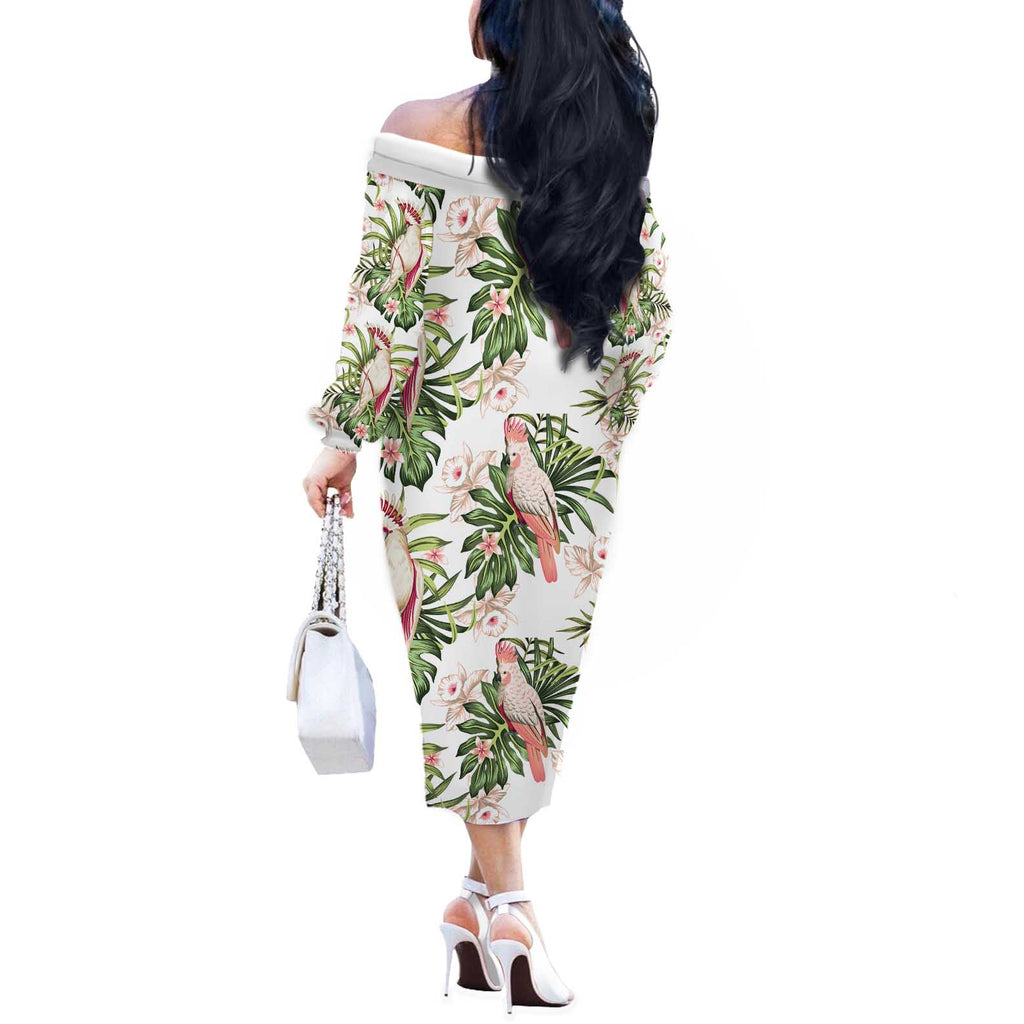 Australia Pink Cockatoo Off The Shoulder Long Sleeve Dress Aussie Orchids - Seamless Pattern