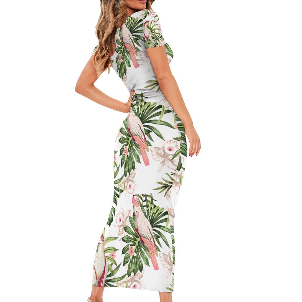 Australia Pink Cockatoo Short Sleeve Bodycon Dress Aussie Orchids - Seamless Pattern