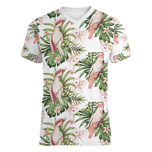Australia Pink Cockatoo Women V-Neck T-Shirt Aussie Orchids - Seamless Pattern