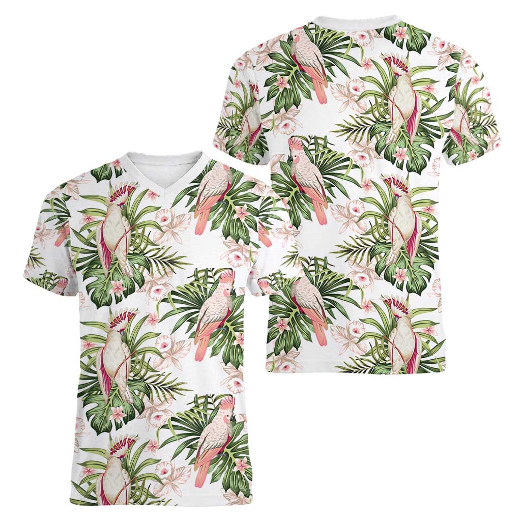 Australia Pink Cockatoo Women V-Neck T-Shirt Aussie Orchids - Seamless Pattern