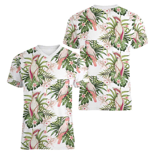 Australia Pink Cockatoo Women V-Neck T-Shirt Aussie Orchids - Seamless Pattern
