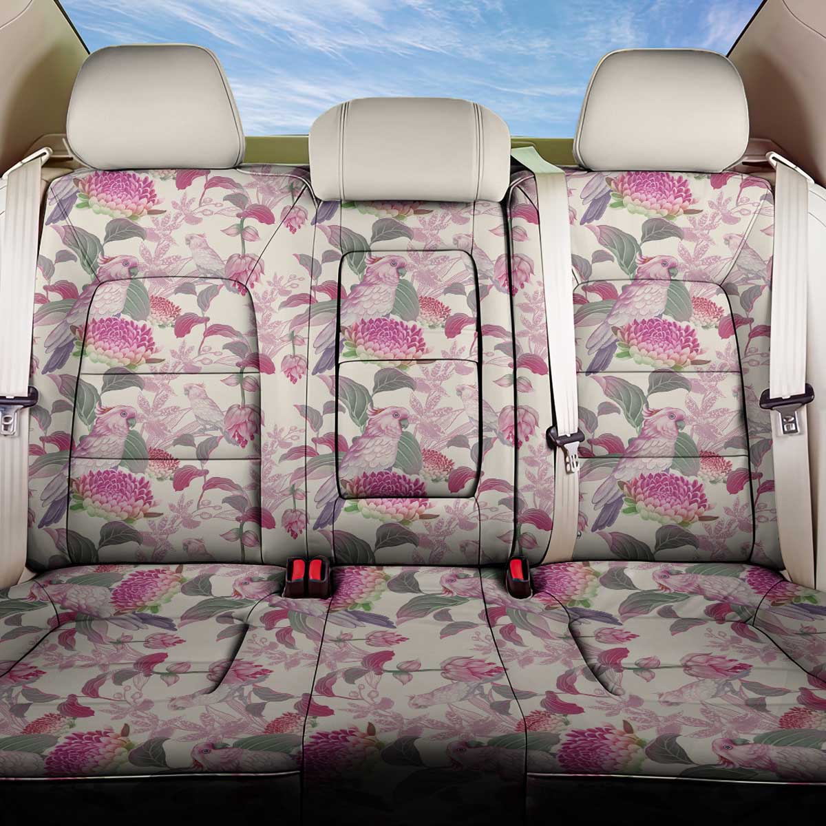 Pink Cockatoo Australia Back Car Seat Cover Tropical Flowers - Seamless Pattern