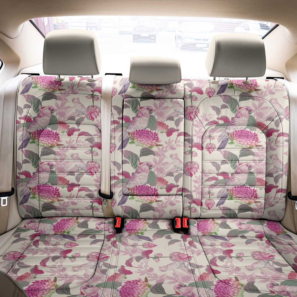 Pink Cockatoo Australia Back Car Seat Cover Tropical Flowers - Seamless Pattern