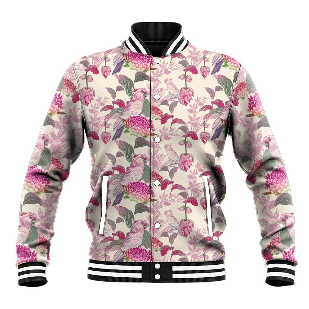 Pink Cockatoo Australia Baseball Jacket Tropical Flowers - Seamless Pattern