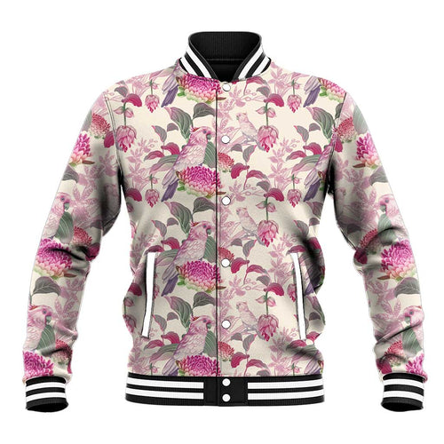 Pink Cockatoo Australia Baseball Jacket Tropical Flowers - Seamless Pattern