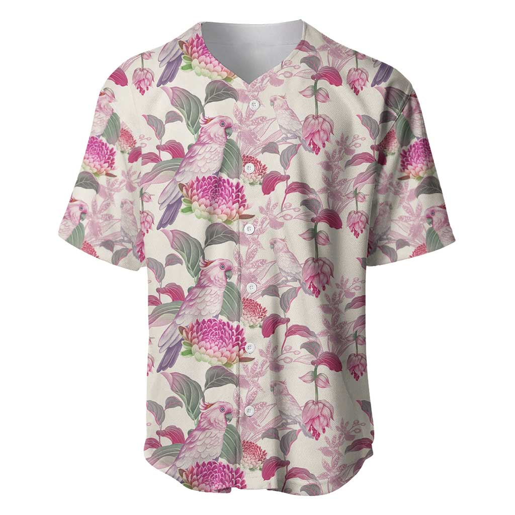 Pink Cockatoo Australia Baseball Jersey Tropical Flowers - Seamless Pattern