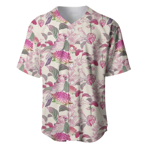 Pink Cockatoo Australia Baseball Jersey Tropical Flowers - Seamless Pattern