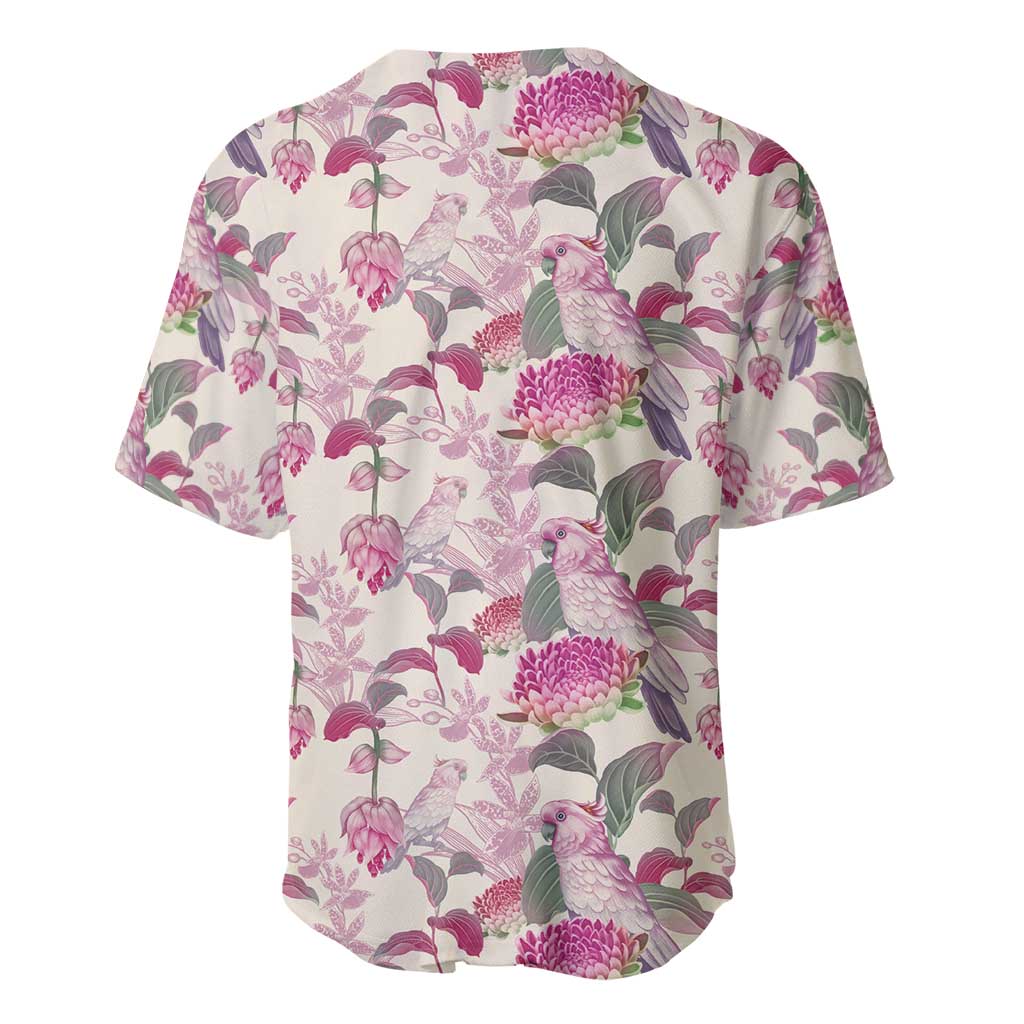 Pink Cockatoo Australia Baseball Jersey Tropical Flowers - Seamless Pattern