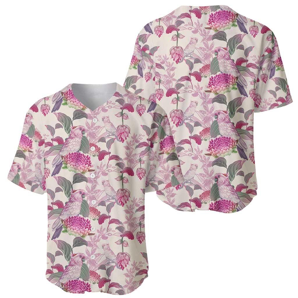 Pink Cockatoo Australia Baseball Jersey Tropical Flowers - Seamless Pattern