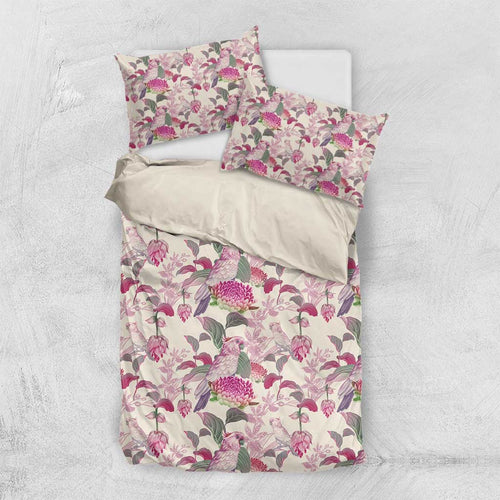 Pink Cockatoo Australia Bedding Set Tropical Flowers - Seamless Pattern