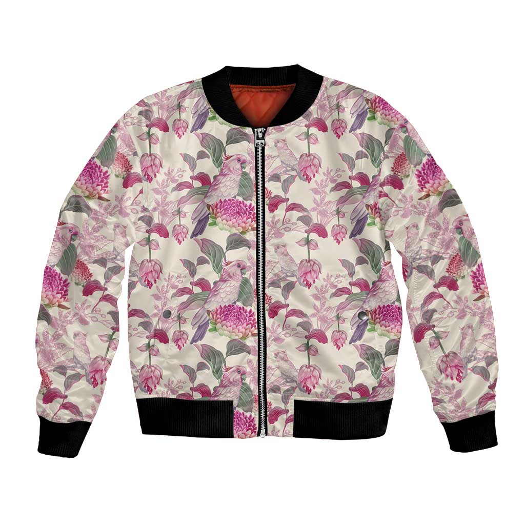 Pink Cockatoo Australia Bomber Jacket Tropical Flowers - Seamless Pattern