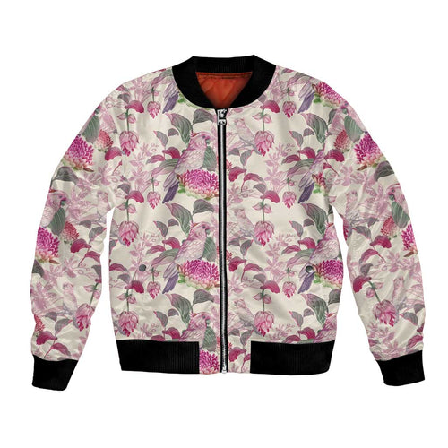 Pink Cockatoo Australia Bomber Jacket Tropical Flowers - Seamless Pattern