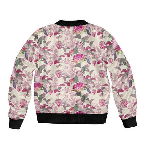 Pink Cockatoo Australia Bomber Jacket Tropical Flowers - Seamless Pattern