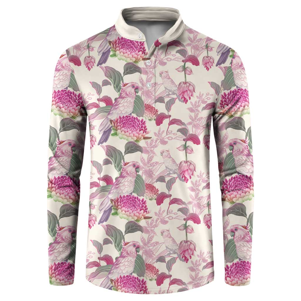 Pink Cockatoo Australia Button Sweatshirt Tropical Flowers - Seamless Pattern