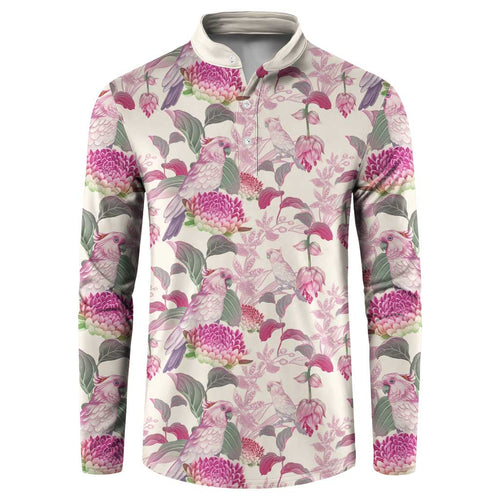 Pink Cockatoo Australia Button Sweatshirt Tropical Flowers - Seamless Pattern