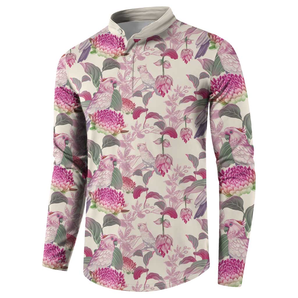 Pink Cockatoo Australia Button Sweatshirt Tropical Flowers - Seamless Pattern