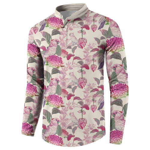 Pink Cockatoo Australia Button Sweatshirt Tropical Flowers - Seamless Pattern