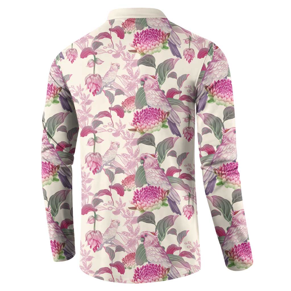 Pink Cockatoo Australia Button Sweatshirt Tropical Flowers - Seamless Pattern