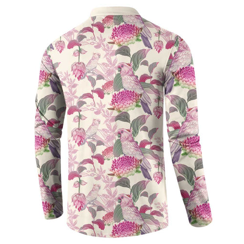 Pink Cockatoo Australia Button Sweatshirt Tropical Flowers - Seamless Pattern