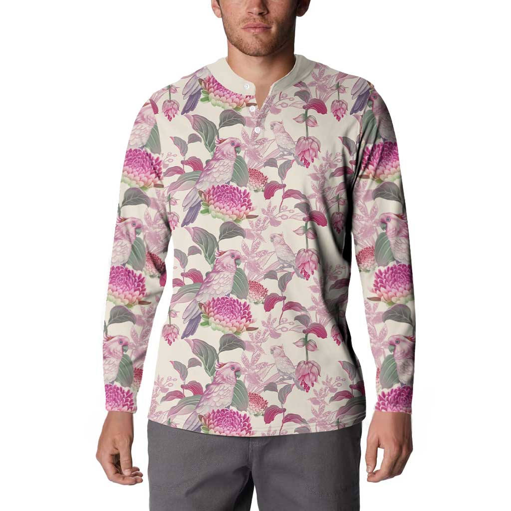 Pink Cockatoo Australia Button Sweatshirt Tropical Flowers - Seamless Pattern