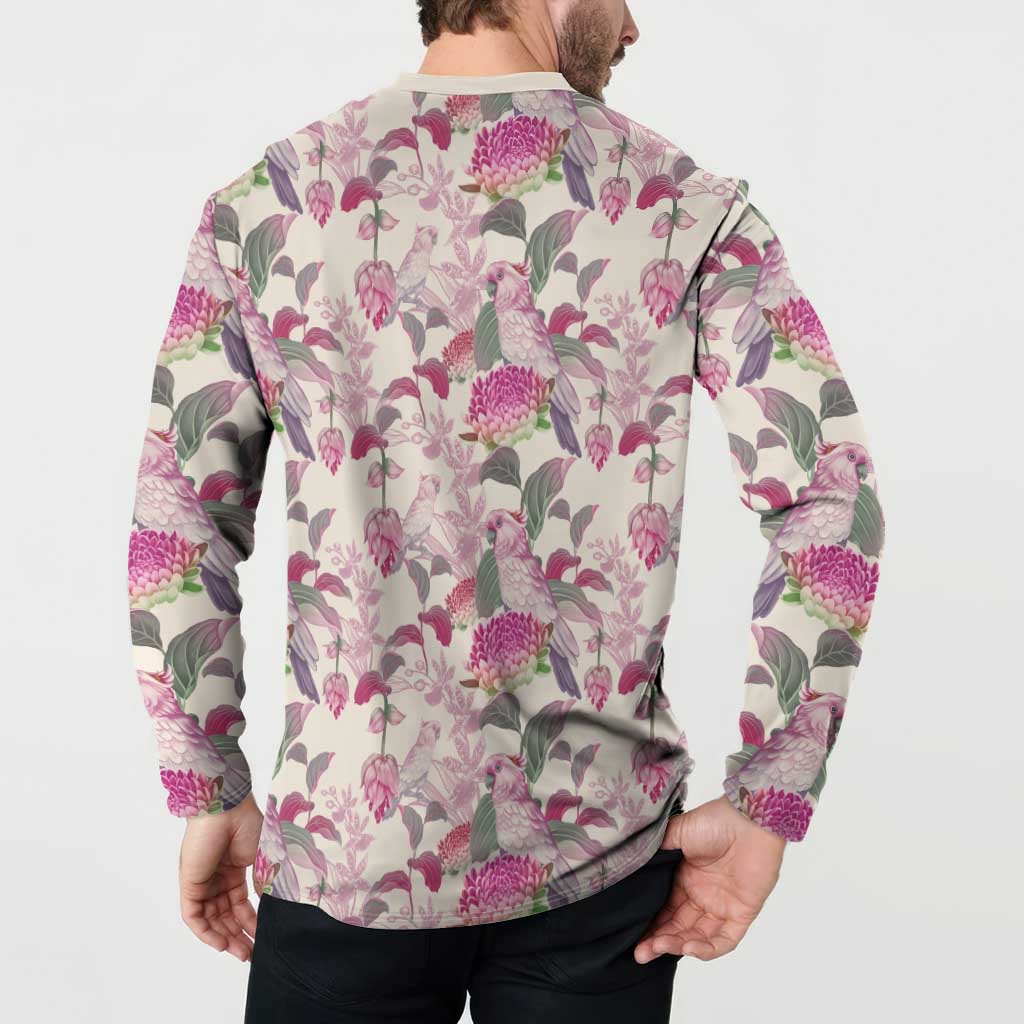Pink Cockatoo Australia Button Sweatshirt Tropical Flowers - Seamless Pattern