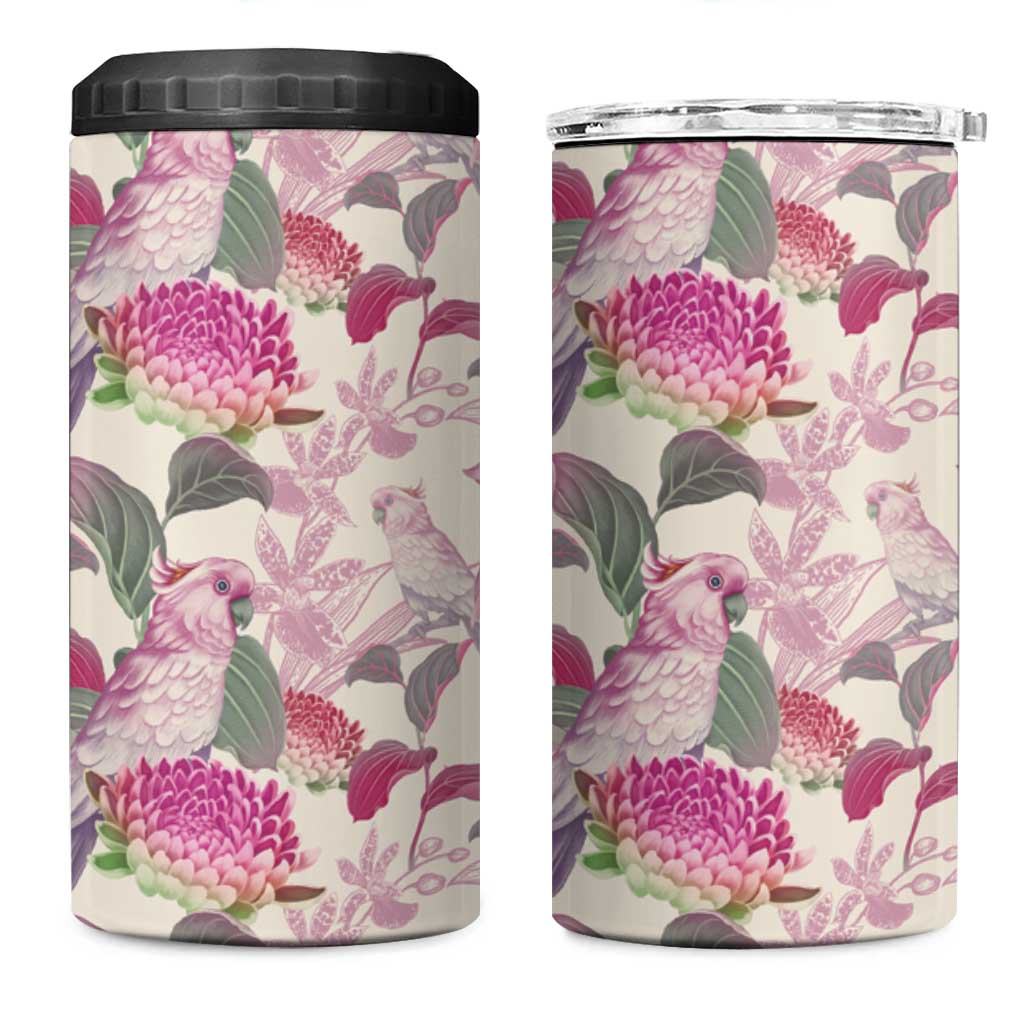 Pink Cockatoo Australia 4 in 1 Can Cooler Tumbler Tropical Flowers - Seamless Pattern