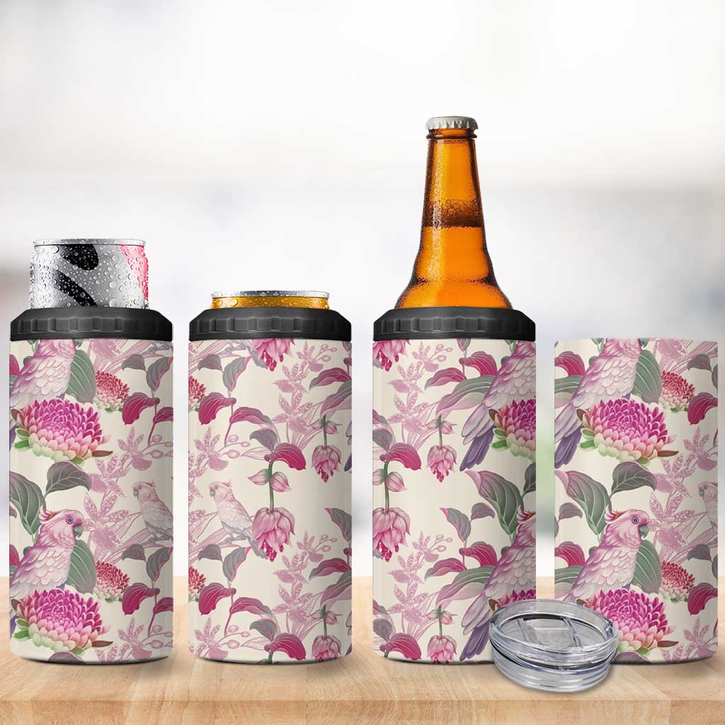 Pink Cockatoo Australia 4 in 1 Can Cooler Tumbler Tropical Flowers - Seamless Pattern