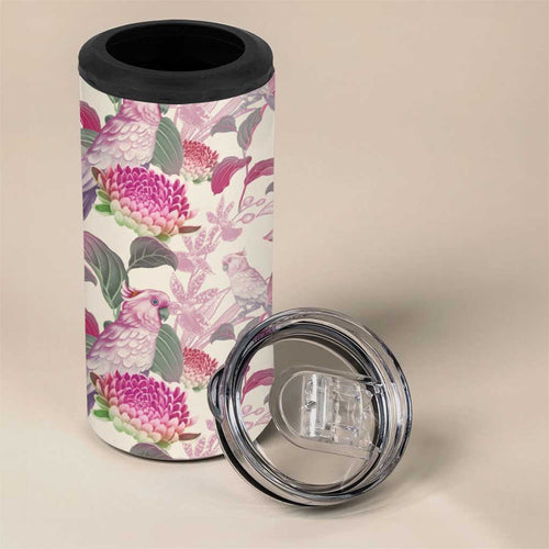 Pink Cockatoo Australia 4 in 1 Can Cooler Tumbler Tropical Flowers - Seamless Pattern