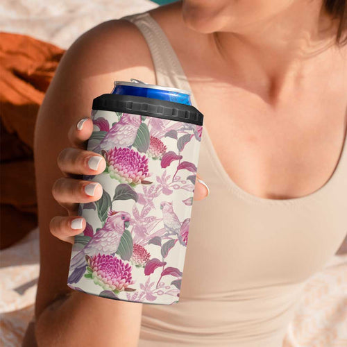 Pink Cockatoo Australia 4 in 1 Can Cooler Tumbler Tropical Flowers - Seamless Pattern