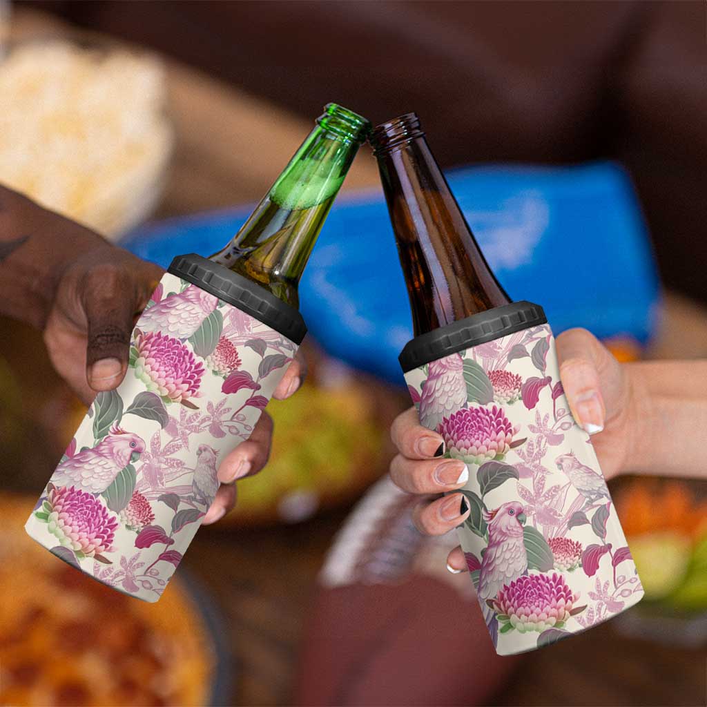 Pink Cockatoo Australia 4 in 1 Can Cooler Tumbler Tropical Flowers - Seamless Pattern