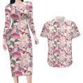 Pink Cockatoo Australia Couples Matching Long Sleeve Bodycon Dress and Hawaiian Shirt Tropical Flowers - Seamless Pattern
