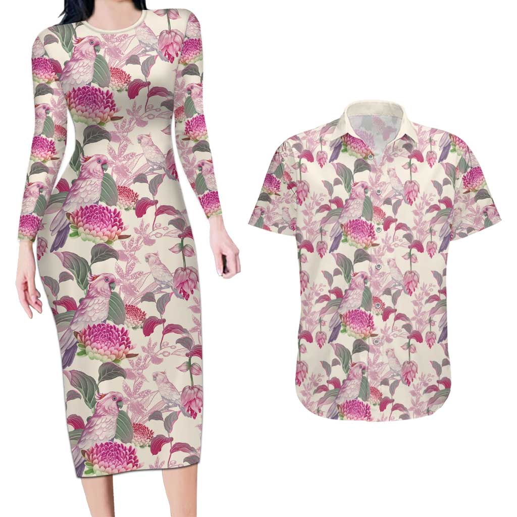 Pink Cockatoo Australia Couples Matching Long Sleeve Bodycon Dress and Hawaiian Shirt Tropical Flowers - Seamless Pattern