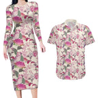 Pink Cockatoo Australia Couples Matching Long Sleeve Bodycon Dress and Hawaiian Shirt Tropical Flowers - Seamless Pattern