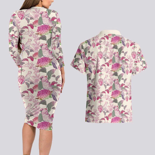 Pink Cockatoo Australia Couples Matching Long Sleeve Bodycon Dress and Hawaiian Shirt Tropical Flowers - Seamless Pattern